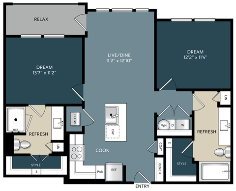 Two-bedroom Kerrville, Texas apartment floor plan featuring a split-bedroom design with living space in the center, open kitchen, and spacious bedrooms for privacy and comfort.